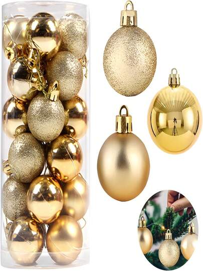 24 件/金色圣诞饰品套装 - 防碎圣诞树球 - 3 种款式、3 种尺寸，配有挂环和挂绳，可装饰圣诞树 - 非常适合室内和室外节日装饰