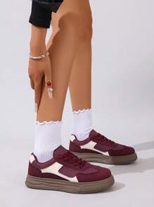 女式复古厚底系带休闲运动鞋，春秋季 - 酒紅色 - 查看 6