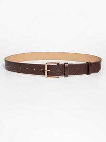 1 件女士复古梅洛风格方形扣腰带，适合秋冬日常使用，不对称皮革纹理图案随机发货 - 棕色 - 查看 4