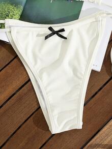 夏季性感纯色比基尼系带蝴蝶结露背泳衣套装 - 米色 - 查看 5