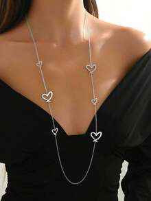 1pc Women's Long Necklace, European & American Fashion Exaggerated Spiral, Heart, Oval Pendant Sweater Chain, Versatile Daily Accessory - Silvery - View 3
