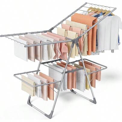 Clothes Drying Rack Foldable Laundry Drying Rack For Clothing Bedding EasytoAssemble SpaceSaving Metal Airer With NonSlip Feet Indoor Outdoor Use 55.5*22.8*36.6 Gray