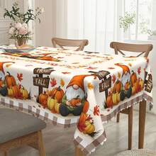 1pc Thanksgiving Tablecloth, Pumpkin & Maple Leaf Fairy Tablecloth, "Hello Fall" Autumn Theme Dining Table Cover, Polyester Fabric, Lace Edging, Rectangular & Round Sizes, Suitable For Indoor & Outdoor, Farmhouse Style Kitchen & Dining Room Decor, Thanksgiving Holiday Gift, Durable Machine Washable Quality Home Tablecloth
