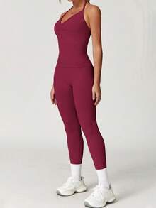 Yefecy 2Pcs Impact Gym Set For Women,Backless Tank Tops High Waist Scrunch Seamless Leggings Gym Suit Fitness Clothes Activewear Workout Sets - Burgundy - View 4