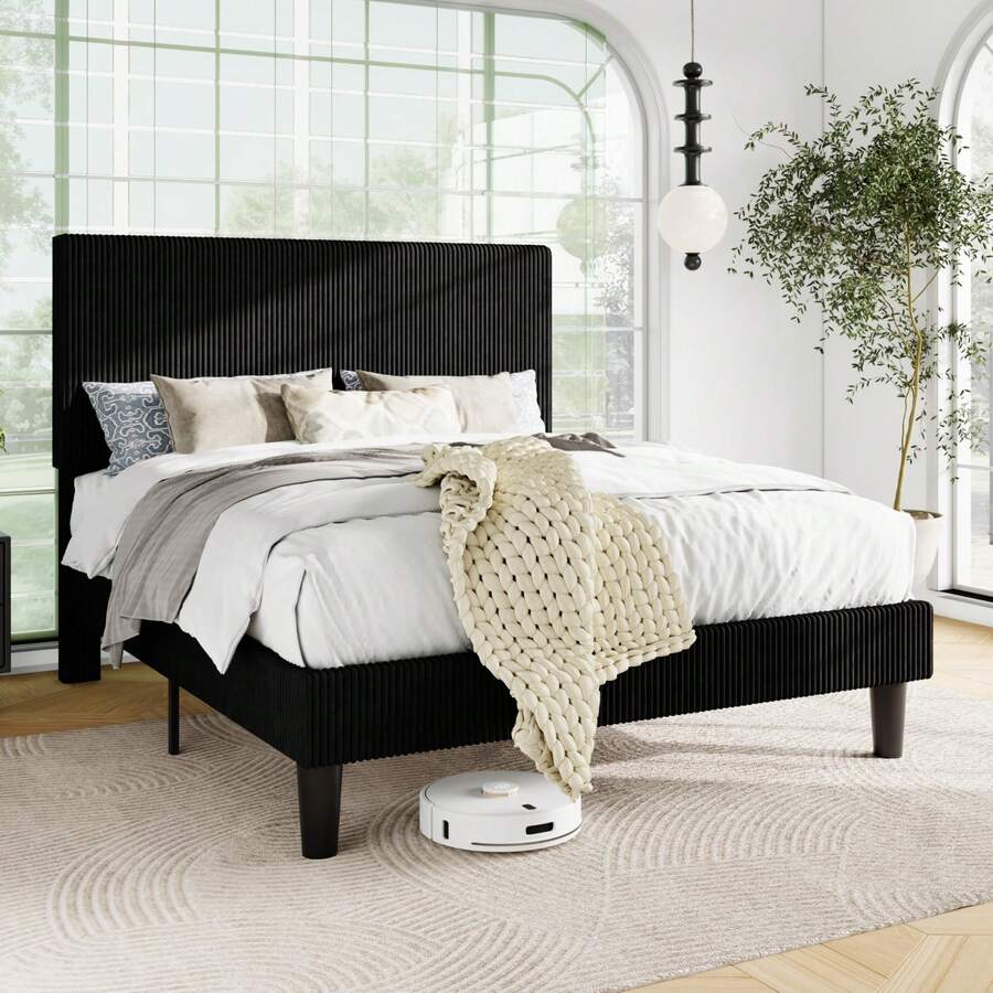 SHA CERLIN Full/Queen/King Bed Frame, Velvet Platform Bed Frame With Vertical Channel Tufted Headboard, Upholstered Corduroy, Strong Wooden Slats, Mattress Support, No Box Spring Needed, Easy Assembly, Black - màu đen - Xem 1