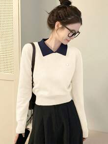 Suéter corto de mujer de manga larga con cuello de polo, de estilo coreano, de temporada otoño/invierno, delgado, de colores contrastantes