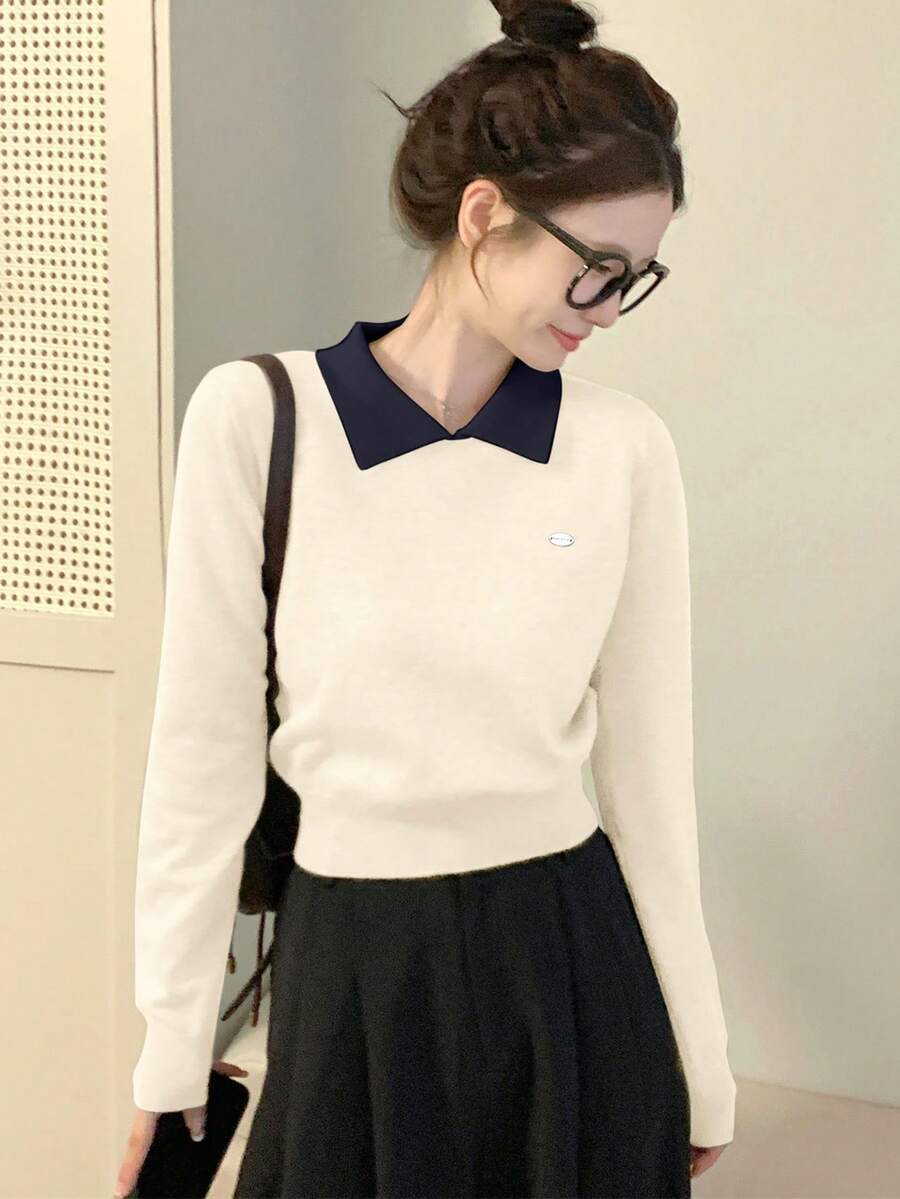 Suéter corto de mujer de manga larga con cuello de polo, de estilo coreano, de temporada otoño/invierno, delgado, de colores contrastantes
