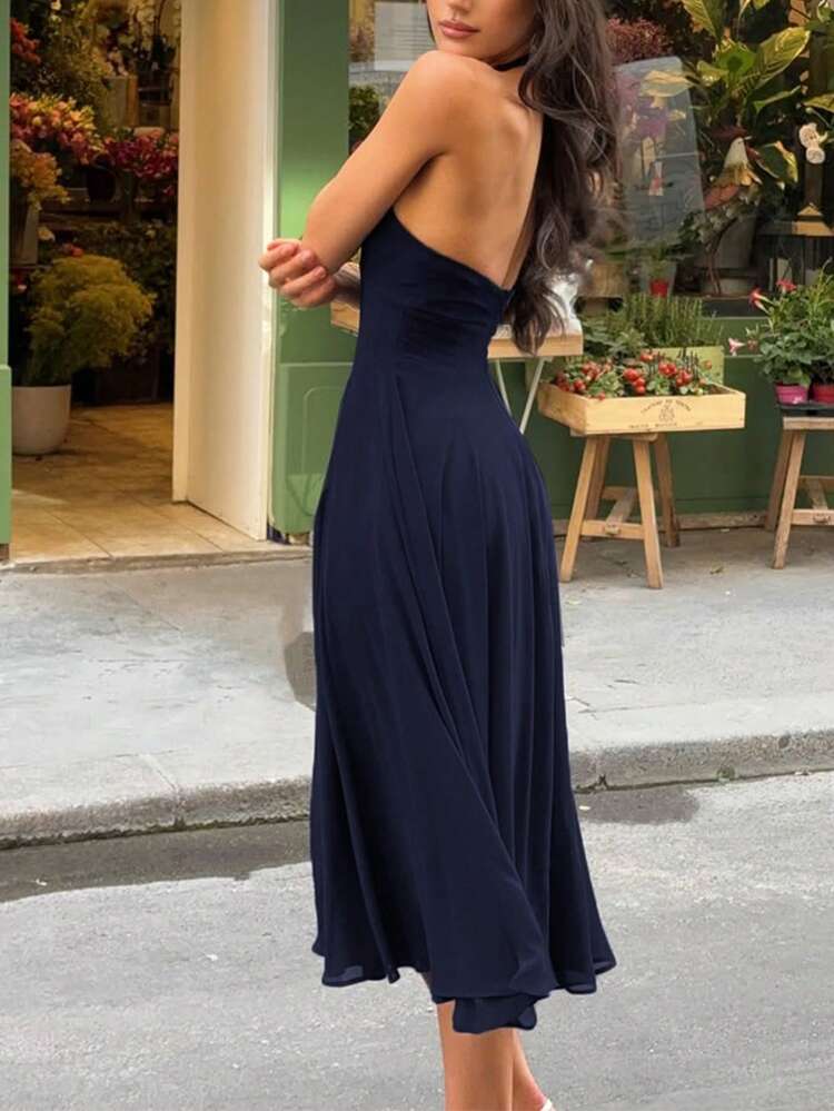 女士休闲粉色露背性感派对假日婚礼礼服 - 藏蓝色 - 查看 7