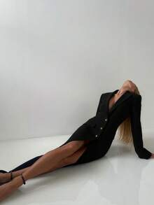 Women's Solid Black Elegant Sexy Long Overcoat, Suitable For Commuting, Office, Dating, Holidays, Parties, Street Photography