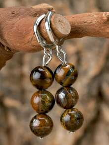 复古天然虎眼石耳环 日出 - 优雅棕色吊坠耳环，镶嵌多面切割宝石，水滴形、几何形和圆形吊坠耳环 - 咖啡棕 - 查看 13