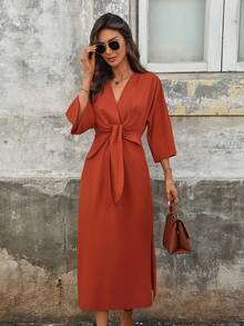 Đầm midi nữ màu trơn thắt eo tay lửng thanh lịch mùa xuân - Gỗ đỏ - Xem 6