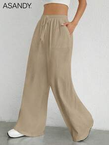 2pcs/Set Casual Loose Straight Leg Pants, Drawstring Waist Wide Leg Trousers, Solid Color Summer - Khaki+Black - View 7