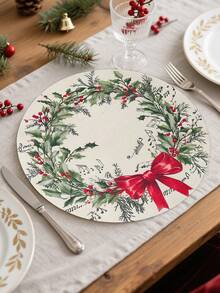 4Pcs Vintage Christmas Round Linen Placemats,Merry Christmas Dining Table Mats With Xmas Musical Symbols, Berry Green Leaf & Red Bow Wreath Design,Western Meal Table Pad,Christmas Party Decor,Christmas Decorations For Home,Xmas Decor,Kitchen Decor,Tabletop Decor,Holiday Party Supplies,Coffee Table Decor,Restaurant Supplies,Winter Decorations,New Year Party Supplies
