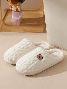 青少年毛绒熊保暖拖鞋，秋冬季保暖防滑室内家居拖鞋 - 白色 - 查看 3