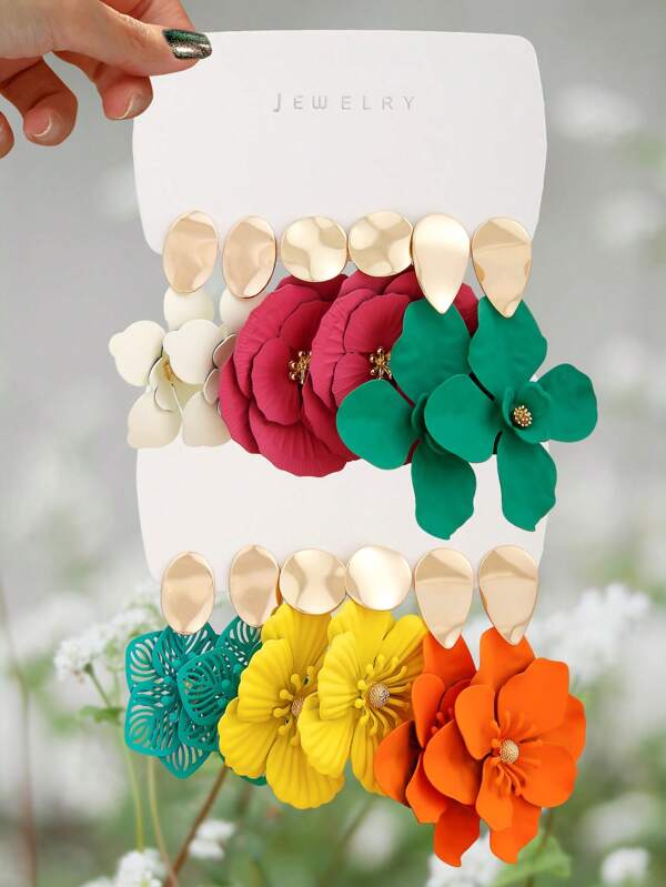6 pares de pendientes colgantes florales exagerados y elegantes de colores vivos