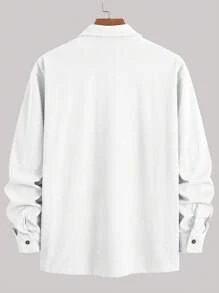 Bestselling Lightweight Corduroy Polyester Men's Casual Shirt Jacket, Turndown Collar Button Long Sleeve Cardigan With Dual Pockets, Suitable For Daily Casual, Fashion, Commuting, Comfortable Home And Street Wear, Thin Long Sleeve Shirt - White - View 4