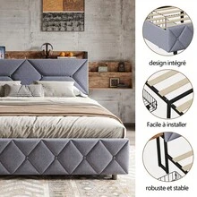 Cama doble 140/160x200 cm, estructura de cama con cabecero con canapé y 4 cajones, somier de láminas, cama doble para adolescentes, adultos, (lino gris)