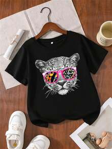 LEOPARD WITH PINK SUNGLASSES Printing Cotton T-Shirt Casual Fashionable Round Neck Basic Base Short Sleeved Kid T-Shirt - màu đen - Xem 2