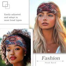 1条女士宽发带，印花波西米亚风弹力头巾，几何图案花朵结头巾，防滑头饰，涤纶材质，四季皆宜，适合运动、瑜伽、跑步、日常佩戴，优雅发饰，女士头巾，蝴蝶结发带