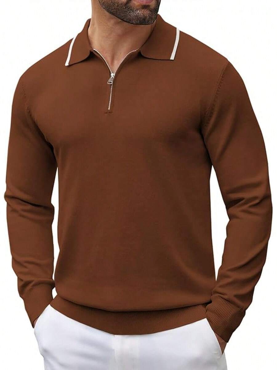 Men's Knit Shirt Long Sleeve Quarter Zip Sweater Casual Shirts Vintage Striped Collar - 焦糖 - 查看 1