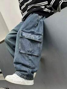 Boys' Loose Straight Leg Denim Cargo Pants, Spring/Autumn - Medium Wash - View 3