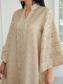 女士刺绣网纱立领亮片长袖连衣裙，优雅春季长袍 - NC92 - 查看 3