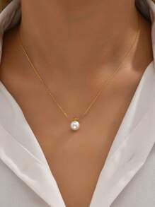 1 件时尚简约珍珠不锈钢金项链，适合送给女士的珠宝礼物，适合日常佩戴 - 黃色 - 查看 1