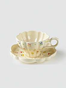 1 Set Taza y platillo de cerámica con flores silvestres románticas de primavera, Taza y platillo de café con flores frescas de verano, Taza de arte de latte ondulado, Plato de postre lindo, Plato para dulces, Ideal para reuniones al aire libre, picnics, decoración de cafés