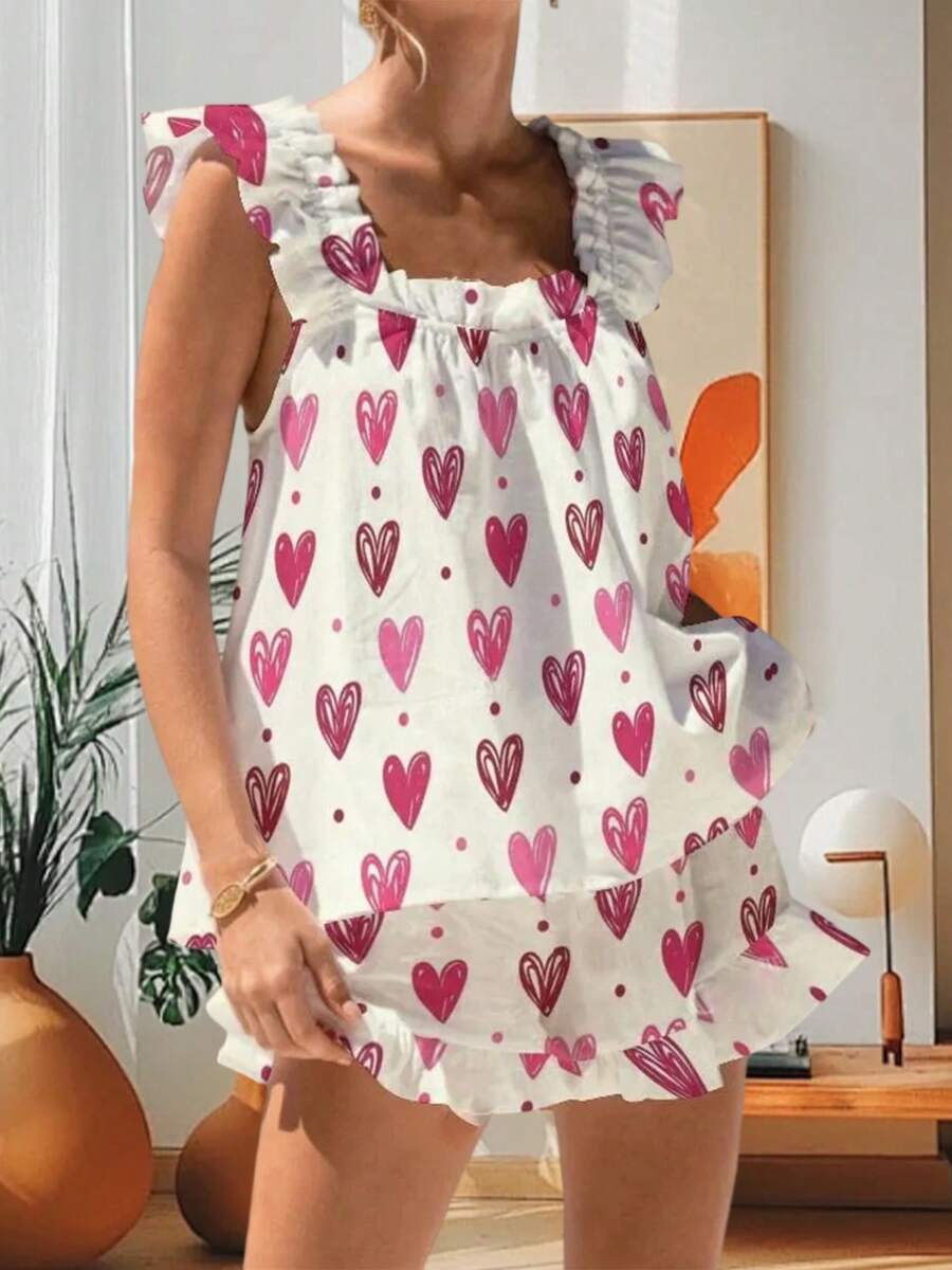 Womens Casual 2 Piece Outfits Sleeveless Graphic Print Ruffle Tank Tops + Shorts Set Streetwear - trắng - Xem 1