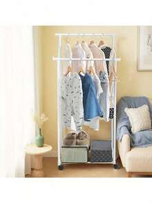 1件双杆晾衣架 - 多层收纳衣帽架，落地式卧室多功能衣架，用于存放衣服、裤子、鞋子和帽子，轻奢挂衣架。落地式室内家用衣架带轮，适用于服装店、卧室；商用衣架和晾衣架 - 白色 - 查看 9