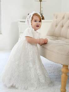 Infant/Baby Girl White Lace Tulle Dress, Long Baptism/Wedding/Birthday Party Dress - White - View 4