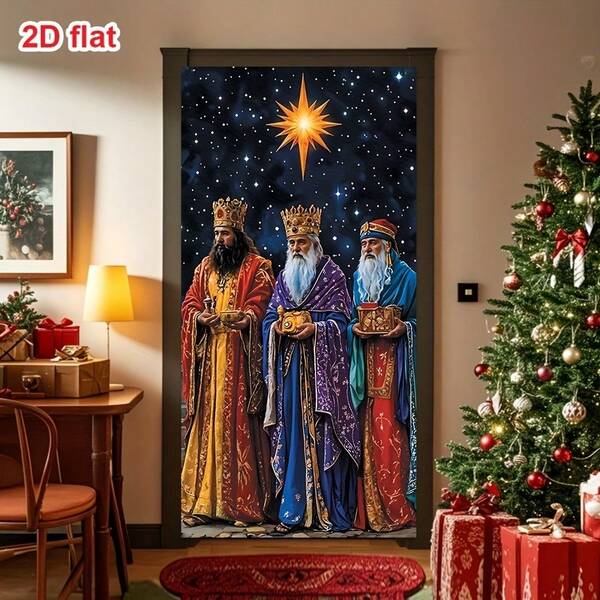 2D Flat, 1pc 3 Kings Door Hanging Banner - Durable Polyester, 4 Holes Easy Hanging Design, Suitable For Christmas And New Year Home Decor, 70x35 Inches, 2D Flat