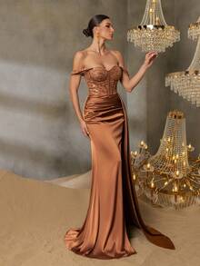 Faeriesty Đầm dạ hội trễ vai đính sequin viền satin tương phản - Đồng - Xem 8