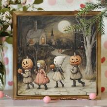 1PC Vintage Halloween Trick-Or-Treaters Print Framed Wood Sign, Halloween Wall Art, Adorable Vintage Halloween Art, Creepy Kids Art, Halloween Wall Decor,Room Decor Aesthetic, Home Decor, Posters For Room, Canvas Wall Art, Optional Frame, Wall Decor, Living Room Decor. Halloween Decor Fall Decor