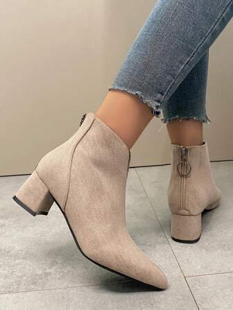 Chunky Heel Faux Suede Zipper Closure Solid Color High Heel Shoes, Retro Zipper Back Boots For Women, Outdoor Autumn/Winter