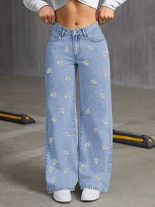 Vintage Washed Blue Floral Embroidered Denim Women Casual Loose Wide Leg Straight Pants, Chic Winter Christmas New Year Thanksgiving
