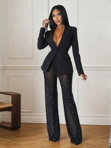 Women's Black Shawl Collar Blazer And Sheer Beaded Mesh Pants Suit Set With Buttons, Medium Stretch Regular Sleeve Formal Outfit,Black, White, Burgundy,Autumn/Winter Women's Christmas Set,Deep V-Neck Design,Evening Gown - Black - View 6