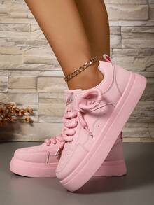 1 Pair Teenage Girls' Pink Platform Sneakers, Fashion Chain Ankle Decor, Breathable Anti-Slip Durable Design, Comfortable Casual Versatile Style, Suitable For Daily Wear And Campus Activities - Pink - View 4