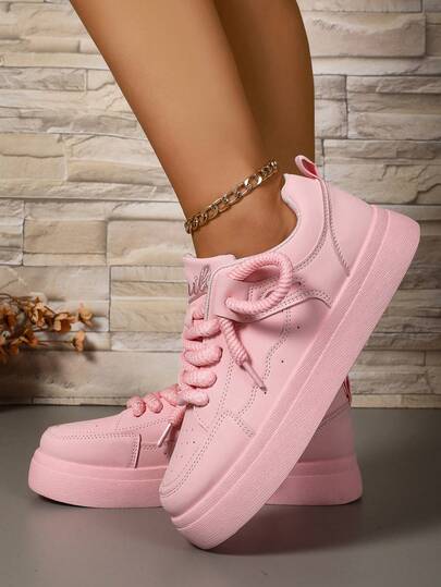 1 Pair Teenage Girls' Pink Platform Sneakers, Fashion Chain Ankle Decor, Breathable Anti-Slip Durable Design, Comfortable Casual Versatile Style, Suitable For Daily Wear And Campus Activities