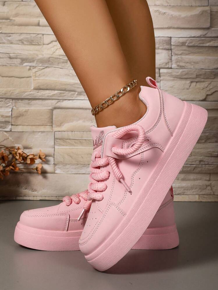 1 Par de Tênis de Plataforma Rosa para Adolescentes, Decoração de Corrente na Tornozelo, Design Respirável Antiderrapante e Durável, Estilo Casual Confortável e Versátil, Adequado para Uso Diário e Atividades Escolares - Rosa chiclete - Visão 4