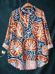 Retro Abstract Print Elegant & Intellectual Women Casual Linen Look Shirt - Orange - View 3