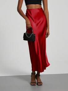 Se-Helo Fashion Women's Elastic Satin Texture Satin Maxi Skirt - Red - Red - View 7