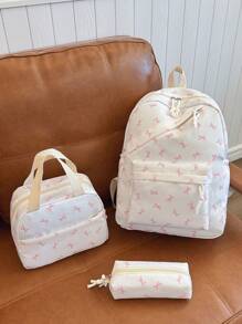 3pcs Nylon Bow Print Backpack Set, Foldable Multi-Pocket Large Capacity Waterproof Zipper Backpack, Suitable For Teenagers, High School Students, College Students, Ladies For Daily Use, Commuting, Travel, Valentine's Day Gift