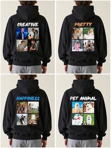 Customized Photo & Text Men's Hoodie Sweatshirt, Personalize With Your Own Photo, Friend/Self/Pet/Landscape/Anime/Lover/Family, Text/Name/Blessing/Holiday/Anniversary, Customized Graphic Text, Birthday/Valentine's Day/Father's Day/Party Anniversary/Birthday Gift, Halloween/Back To School/Christmas Holiday, Fall Winter, Long Sleeve Top - Black - View 2