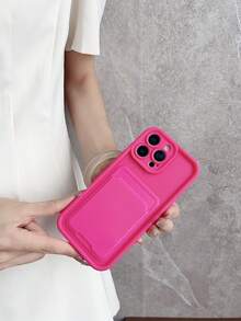 1pc Solid Color Dopamine Matte Finish Card Holder Simple Clean Phone Case Compatible With IPhone 16 Pro Max Waterproof Shockproof Anti-Fall Scratch Resistant,International Version, Not The Domestic Version - Hot Pink - View 7