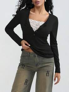 Women Teen Girls Clothes Lace Stitching V-Neck Fairy Crop Tops Y2K Long Sleeve Tight Shirt Spring Fall Downtown Girl Coquette Clothing Tops For Girls - 黑色 - 查看 1
