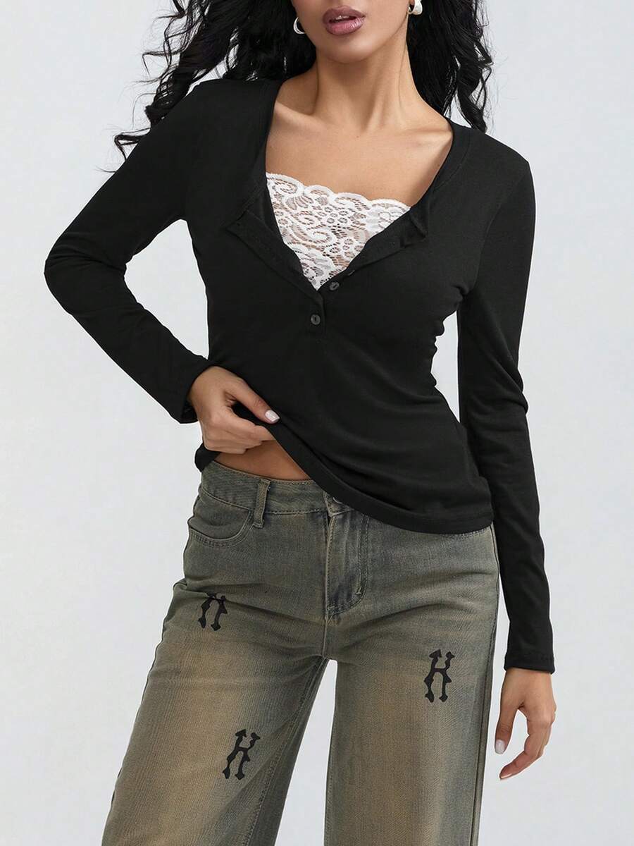 Women Teen Girls Clothes Lace Stitching V-Neck Fairy Crop Tops Y2K Long Sleeve Tight Shirt Spring Fall Downtown Girl Coquette Clothing Tops For Girls - 黑色 - 查看 1