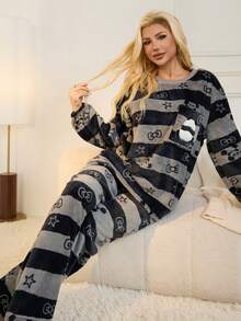 2pcs Set Gray Striped Flannel Fluffy Pajamas With Panda Pattern, Loungewear Set, Fall Winter Clothes, Cozy - Grey - View 6