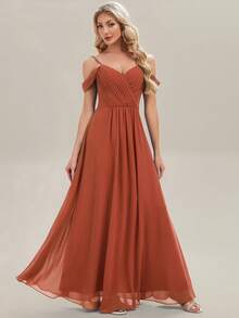 EVERPRETTY Elegant Solid Color V-Neck Pleated Applique Dress, Suitable For Bridesmaid, Wedding, Birthday, Formal Events, Parties, Spring/Summer - Burnt Orange - View 4