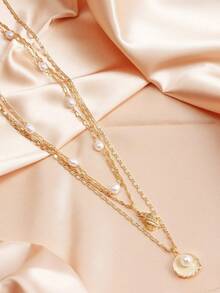 Shescity 3pcs/Set Fashionable Personalized Shell, Pearl, Seashell Pendant Necklace, Coastal Style Versatile Necklace For Women - Yellow Gold - View 2